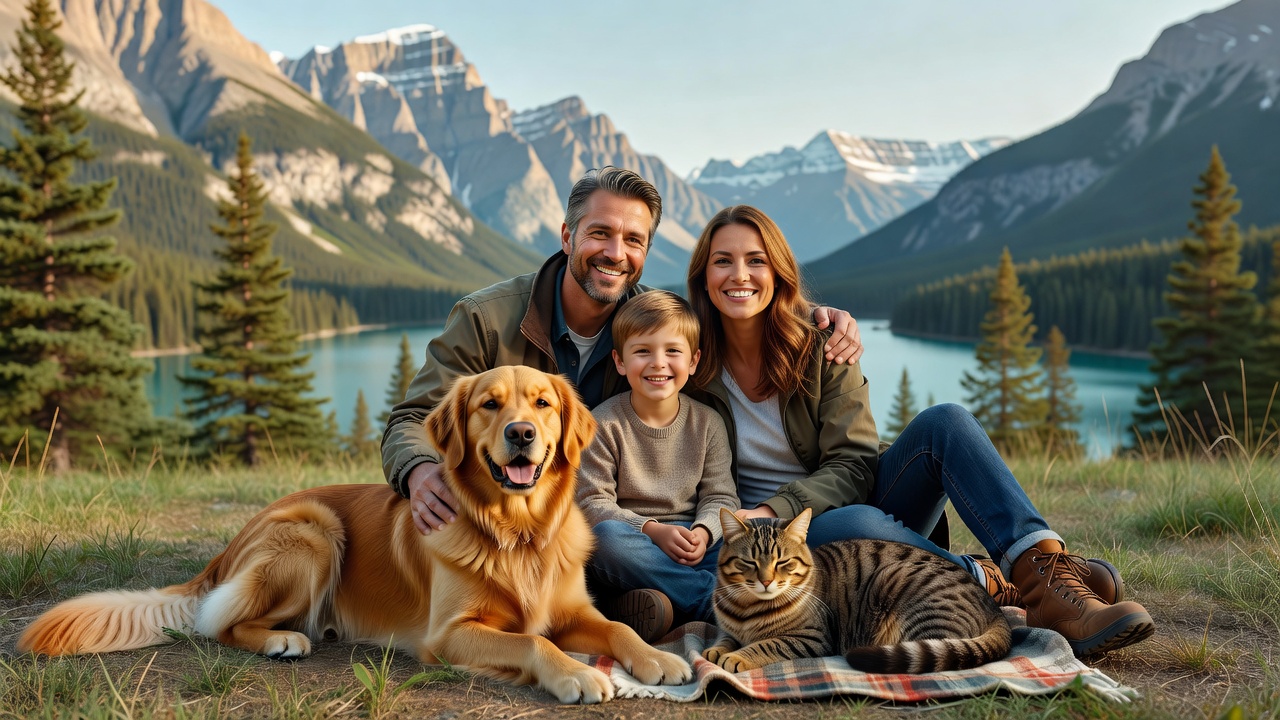 A Canadian family with their golden retriever and tabby cat in the Rocky Mountains