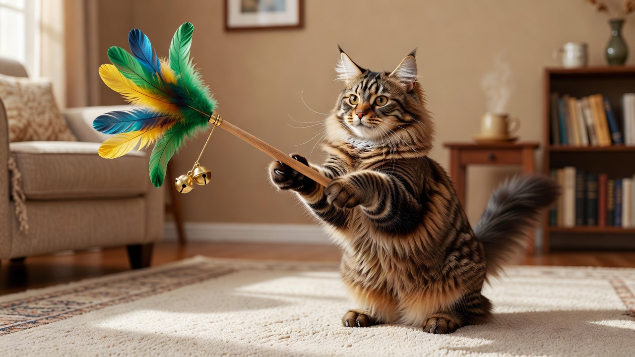Maine Coon Cat with Feather Wand