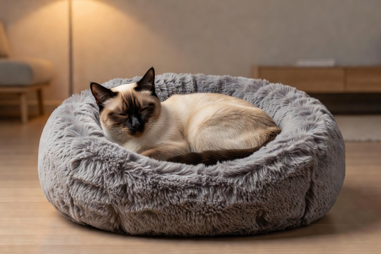 Siamese Cat in Fluffy Bed
