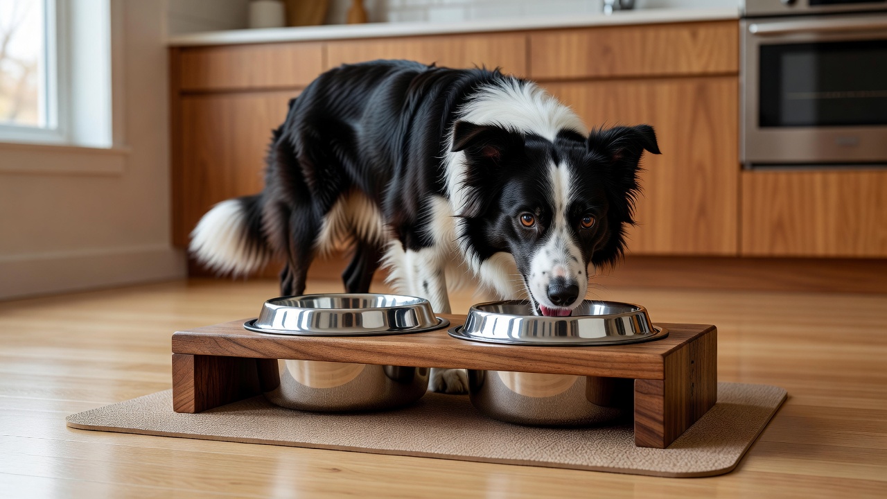 Border Collie by Stainless Steel Bowls